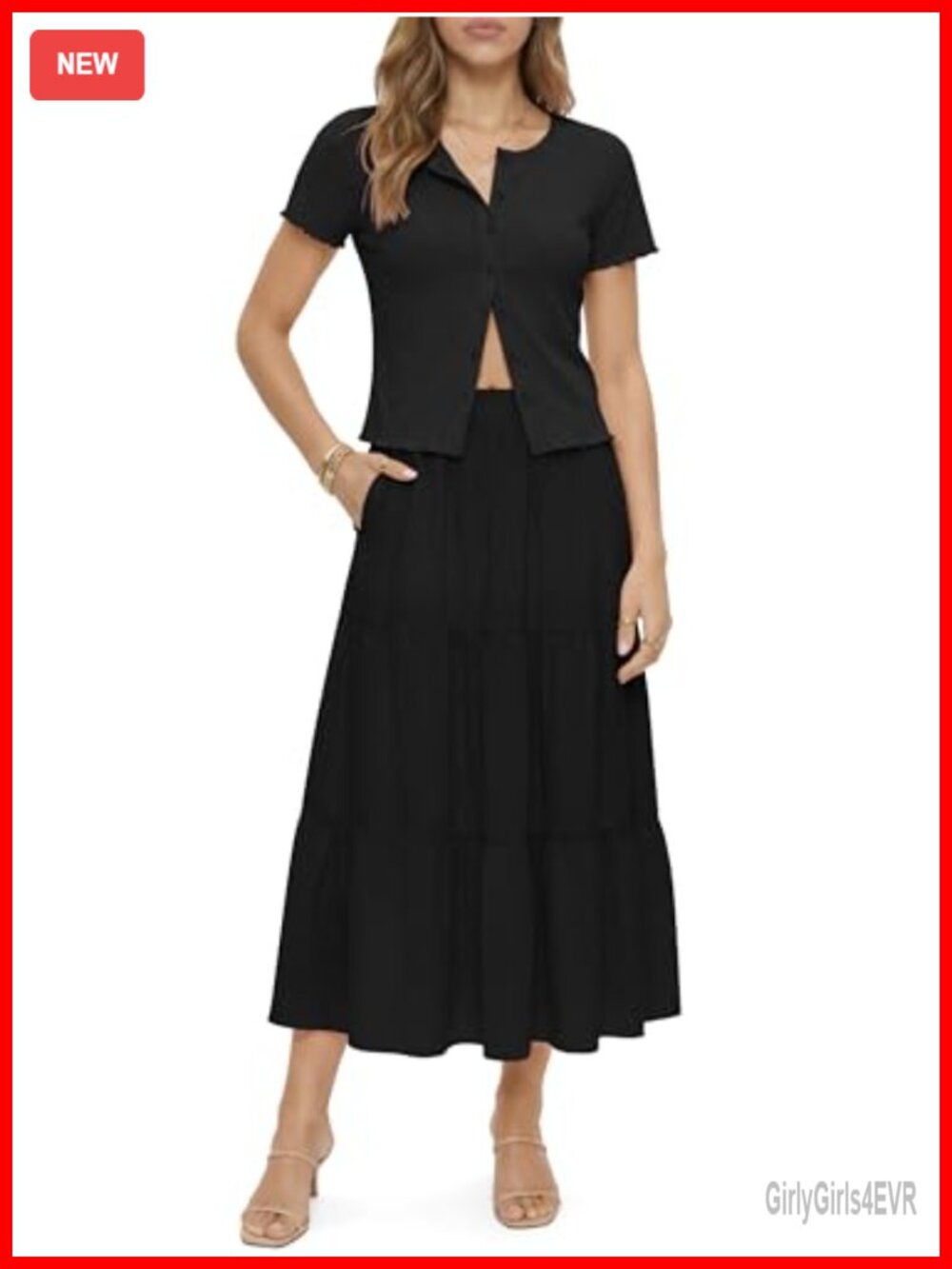 Women's 2 Piece Ribbed Cardigan & Tiered Maxi Skirt Set Casual Summer Outfit